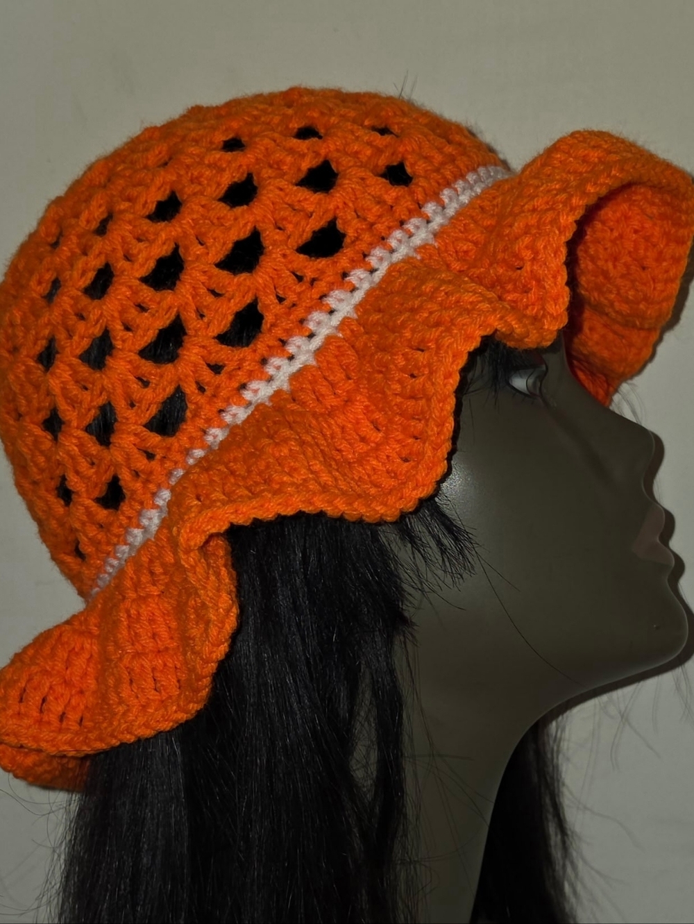 Vibrant Orange And White Crochet Bucket Hat.
